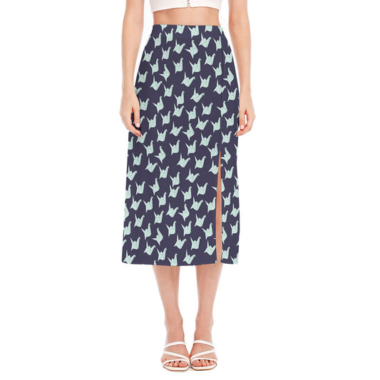 Blue Origami Crane Pattern Print Side Slit Midi Skirt