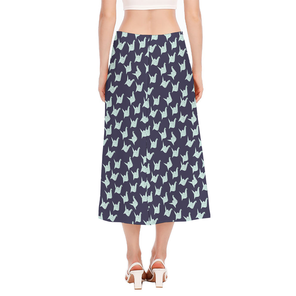 Blue Origami Crane Pattern Print Side Slit Midi Skirt