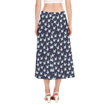 Blue Origami Crane Pattern Print Side Slit Midi Skirt
