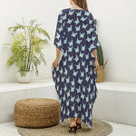 Blue Origami Crane Pattern Print Silk V-Neck Kaftan Dress