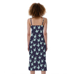 Blue Origami Crane Pattern Print Slim Fit Midi Cami Dress