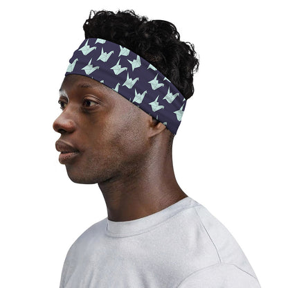 Blue Origami Crane Pattern Print Sports Headband
