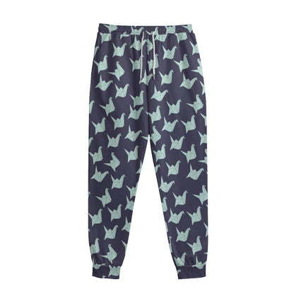 Blue Origami Crane Pattern Print Sweatpants