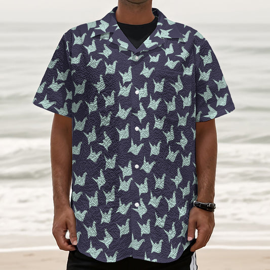 Blue Origami Crane Pattern Print Textured Short Sleeve Shirt