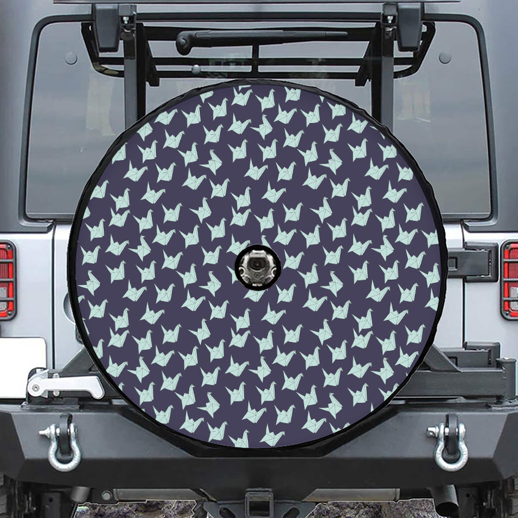 Blue Origami Crane Pattern Print Tire Cover With Camera Hole