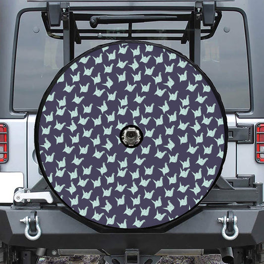 Blue Origami Crane Pattern Print Tire Cover With Camera Hole