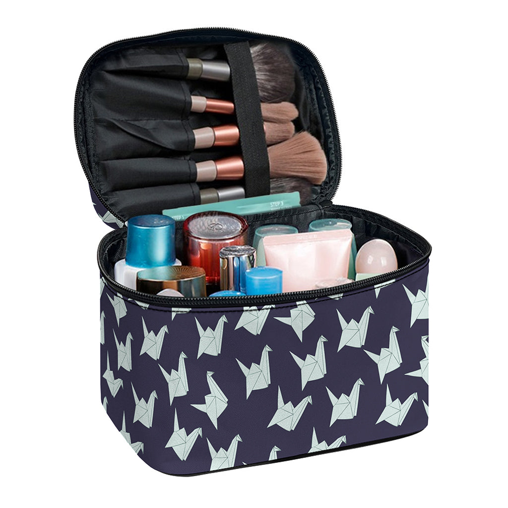 Blue Origami Crane Pattern Print Travel Makeup Bag