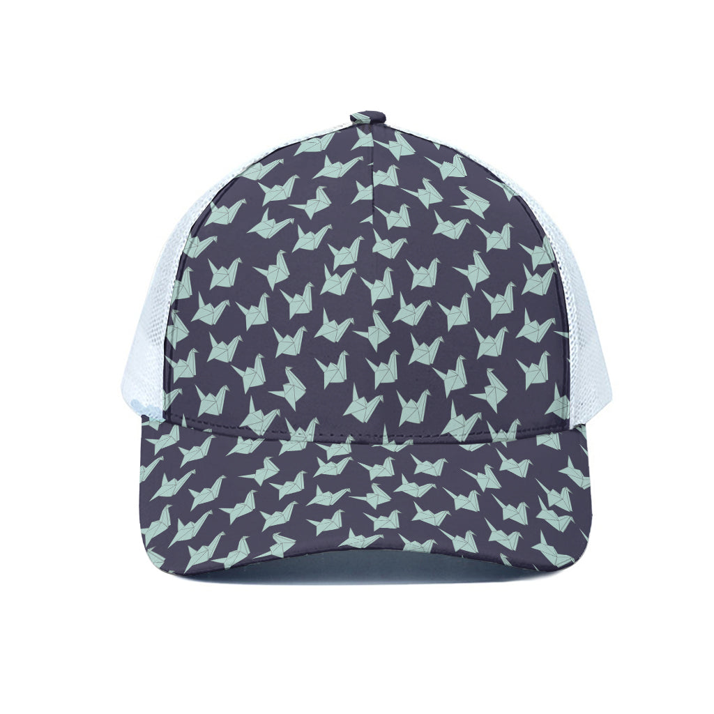 Blue Origami Crane Pattern Print White Mesh Trucker Cap
