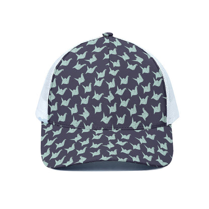 Blue Origami Crane Pattern Print White Mesh Trucker Cap