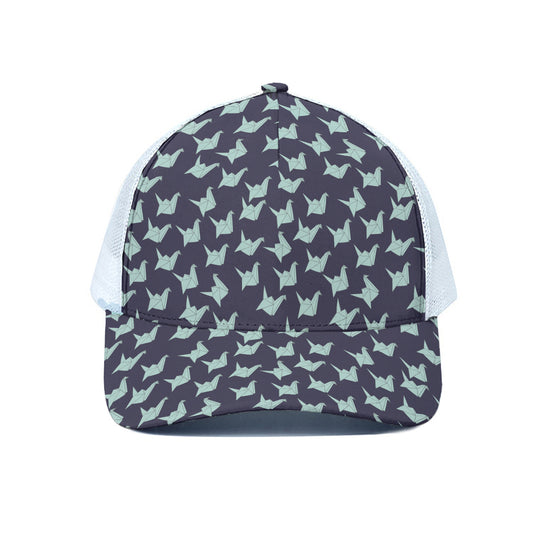 Blue Origami Crane Pattern Print White Mesh Trucker Cap