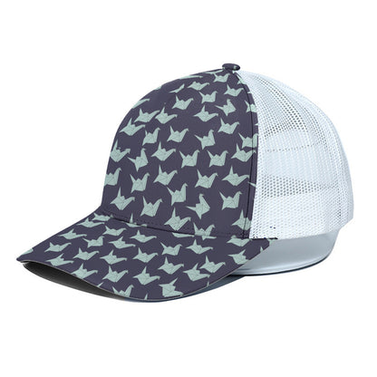Blue Origami Crane Pattern Print White Mesh Trucker Cap