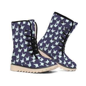 Blue Origami Crane Pattern Print Winter Boots