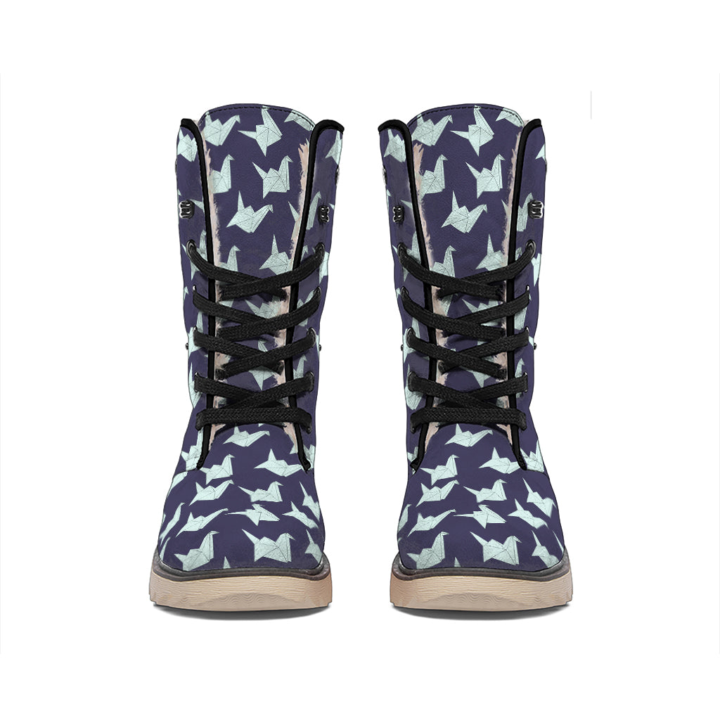 Blue Origami Crane Pattern Print Winter Boots