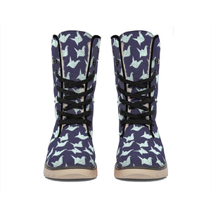 Blue Origami Crane Pattern Print Winter Boots