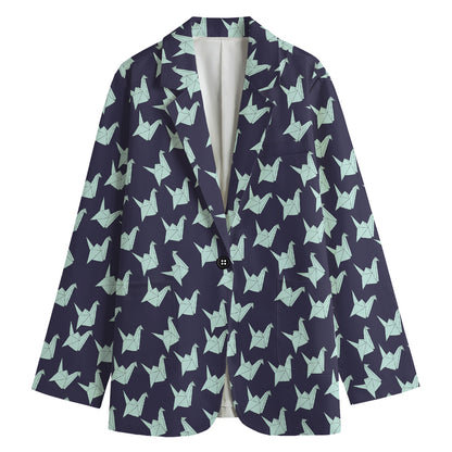 Blue Origami Crane Pattern Print Women's Blazer