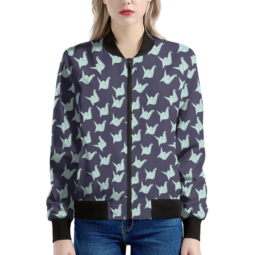 Blue Origami Crane Pattern Print Women's Bomber Jacket