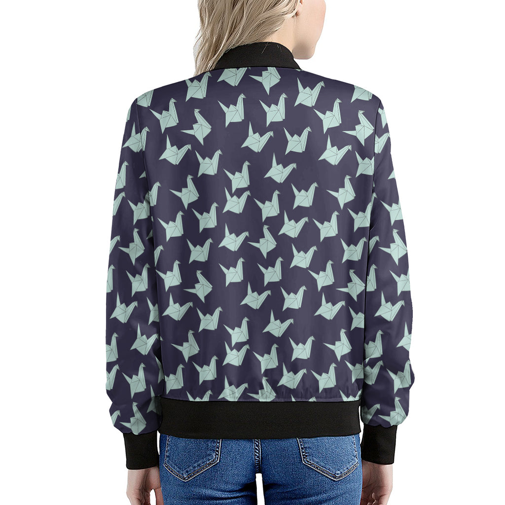 Blue Origami Crane Pattern Print Women's Bomber Jacket