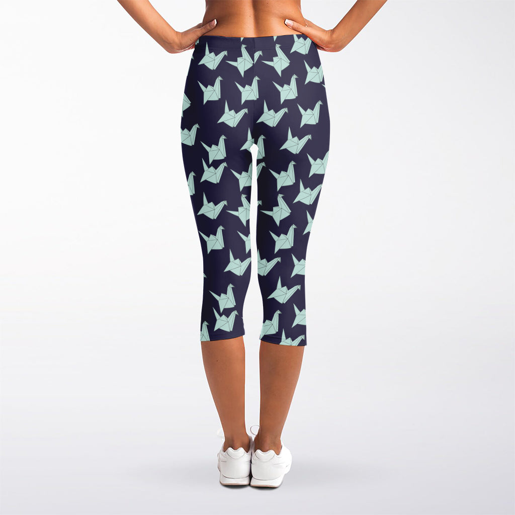 Blue Origami Crane Pattern Print Women's Capri Leggings