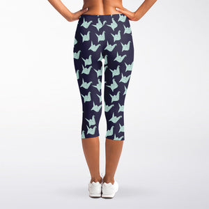 Blue Origami Crane Pattern Print Women's Capri Leggings