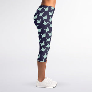 Blue Origami Crane Pattern Print Women's Capri Leggings