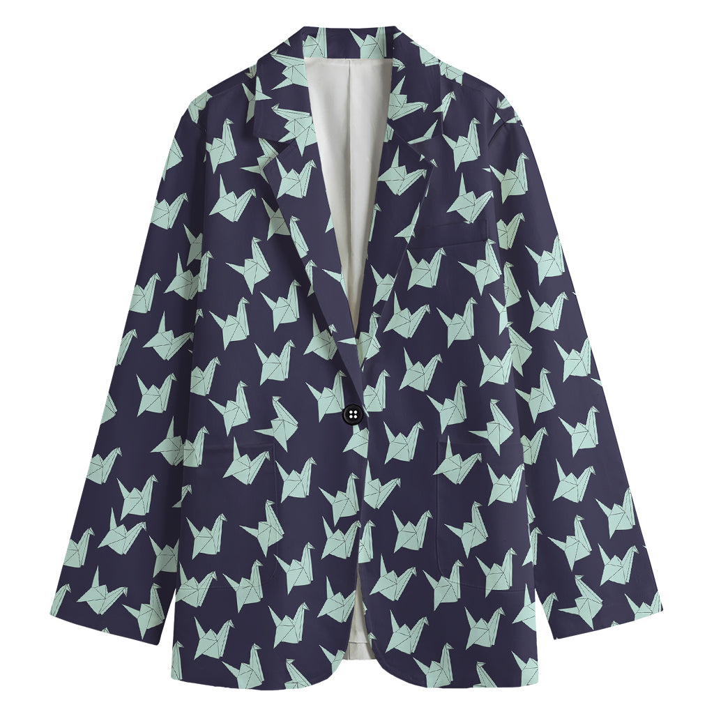 Blue Origami Crane Pattern Print Women's Cotton Blazer