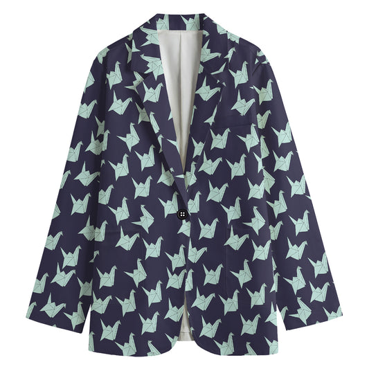 Blue Origami Crane Pattern Print Women's Cotton Blazer