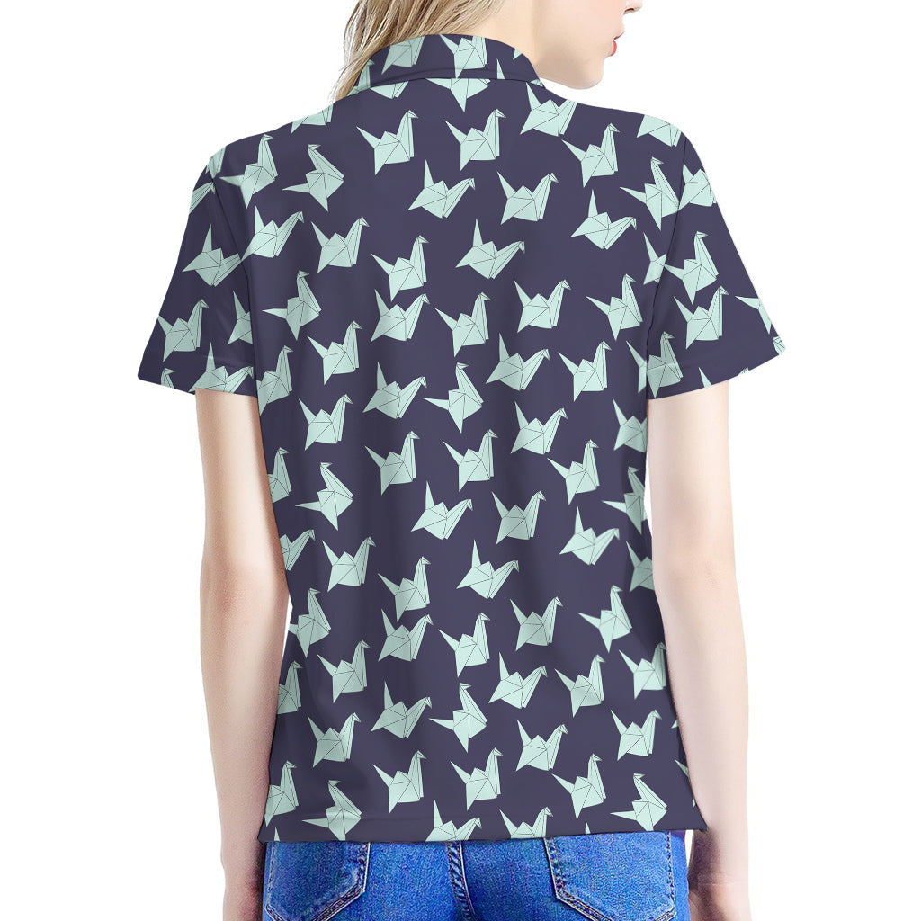 Blue Origami Crane Pattern Print Women's Polo Shirt