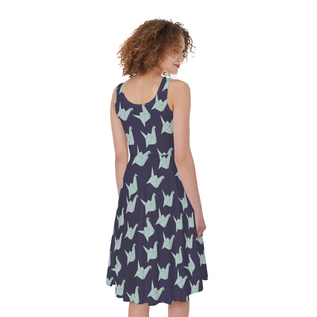 Blue Origami Crane Pattern Print Women's Sleeveless Dress