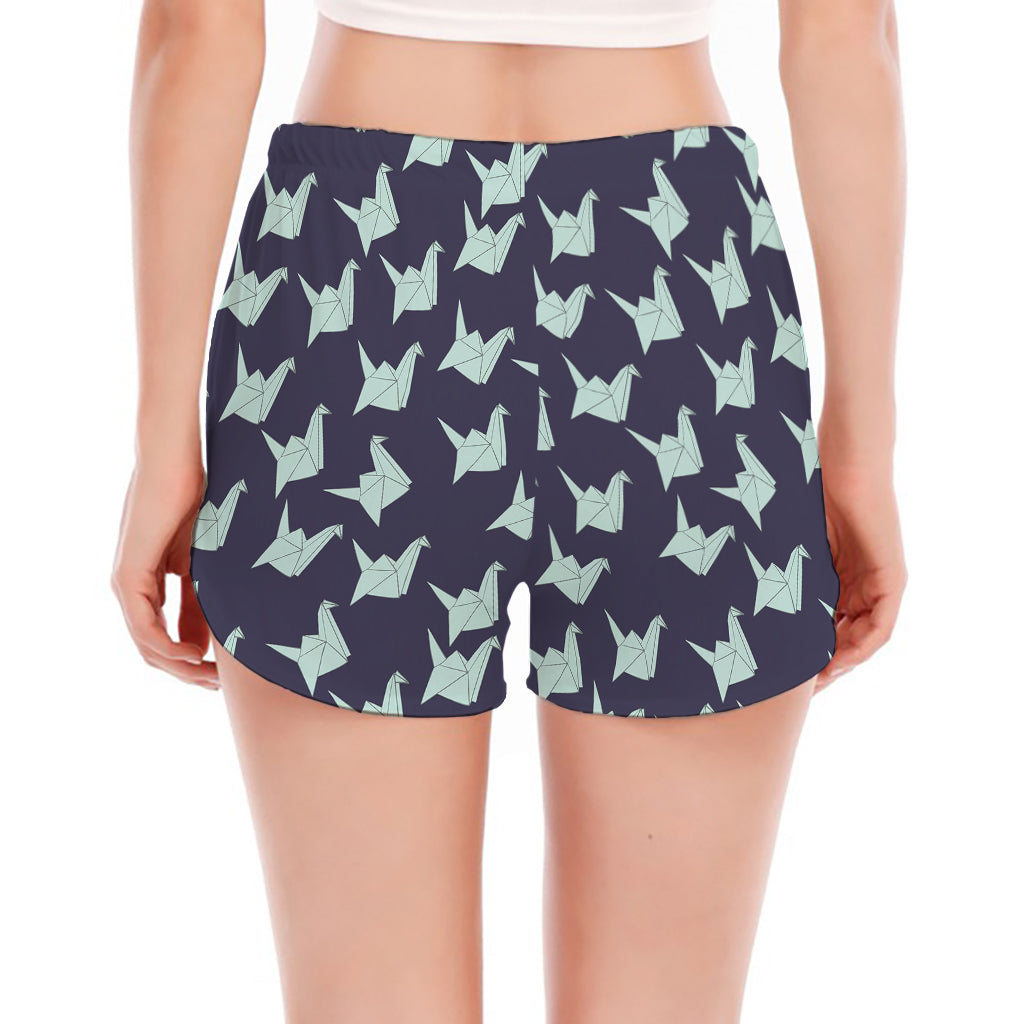 Blue Origami Crane Pattern Print Women's Split Running Shorts