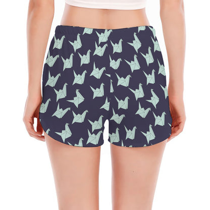 Blue Origami Crane Pattern Print Women's Split Running Shorts