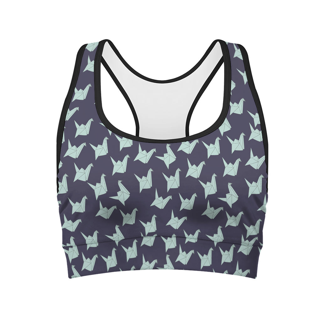 Blue Origami Crane Pattern Print Women's Sports Bra