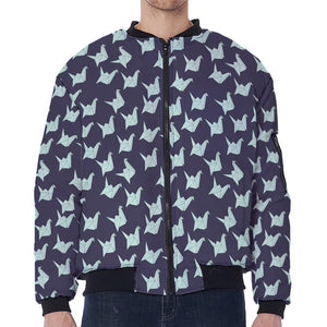 Blue Origami Crane Pattern Print Zip Sleeve Bomber Jacket