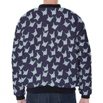 Blue Origami Crane Pattern Print Zip Sleeve Bomber Jacket