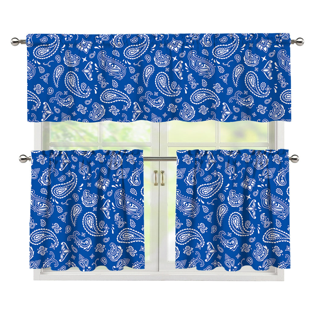 Blue Paisley Bandana Pattern Print 3 Piece Kitchen Curtains
