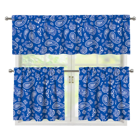 Blue Paisley Bandana Pattern Print 3 Piece Kitchen Curtains