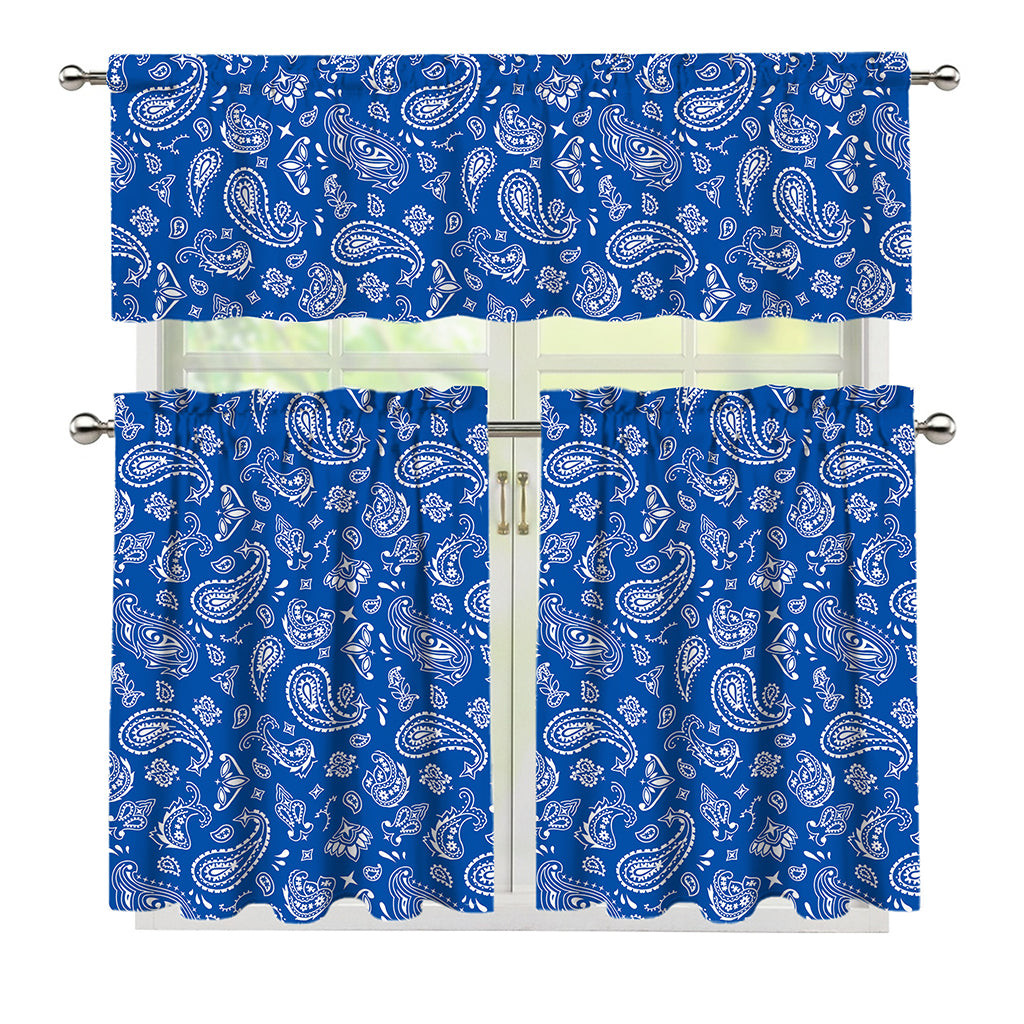 Blue Paisley Bandana Pattern Print 3 Piece Kitchen Curtains
