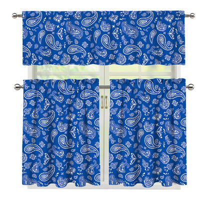 Blue Paisley Bandana Pattern Print 3 Piece Kitchen Curtains