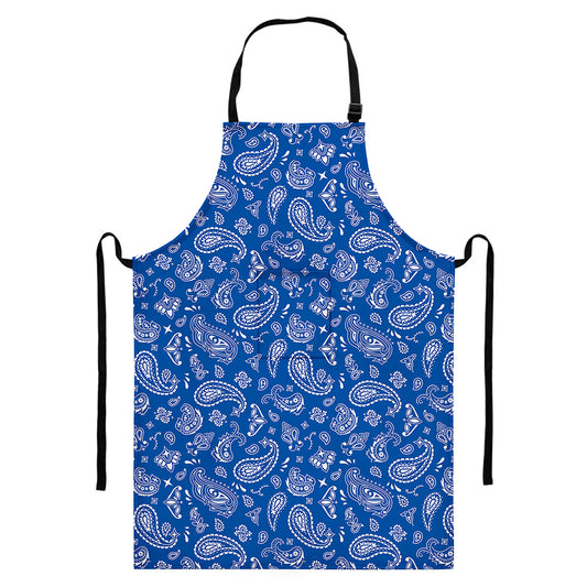Blue Paisley Bandana Pattern Print Bib Apron With Pocket