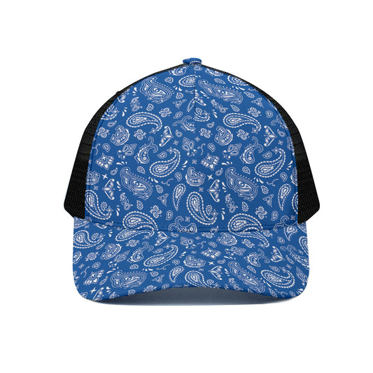 Blue Paisley Bandana Pattern Print Black Mesh Trucker Cap