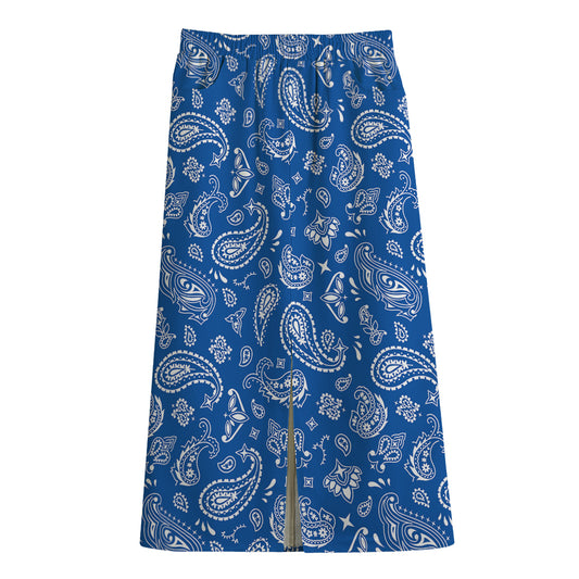 Blue Paisley Bandana Pattern Print Cotton Front Slit Maxi Skirt