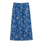 Blue Paisley Bandana Pattern Print Cotton Front Slit Maxi Skirt
