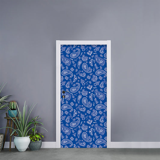 Blue Paisley Bandana Pattern Print Door Sticker