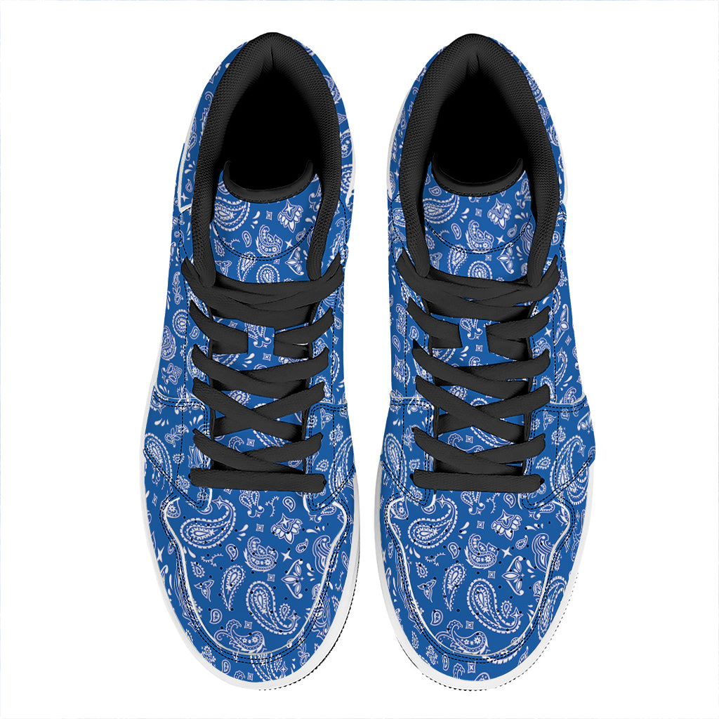 Blue Paisley Bandana Pattern Print High Top Leather Sneakers