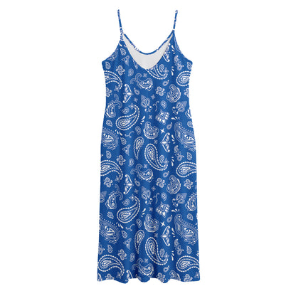 Blue Paisley Bandana Pattern Print Jersey Midi Cami Dress