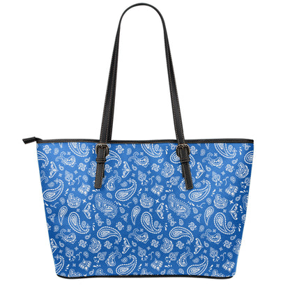 Blue Paisley Bandana Pattern Print Leather Tote Bag