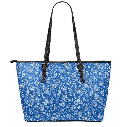 Blue Paisley Bandana Pattern Print Leather Tote Bag