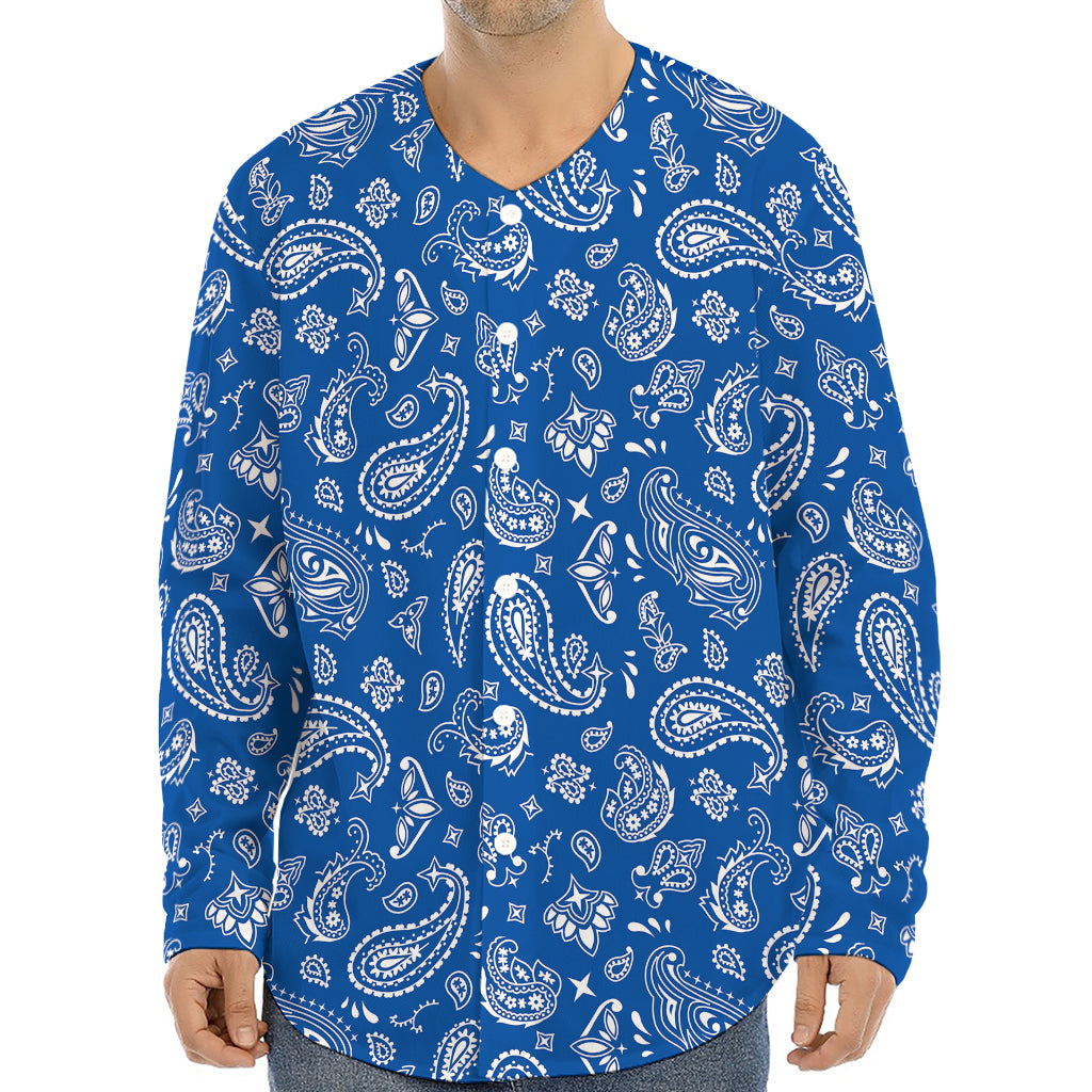 Blue Paisley Bandana Pattern Print Long Sleeve Baseball Jersey