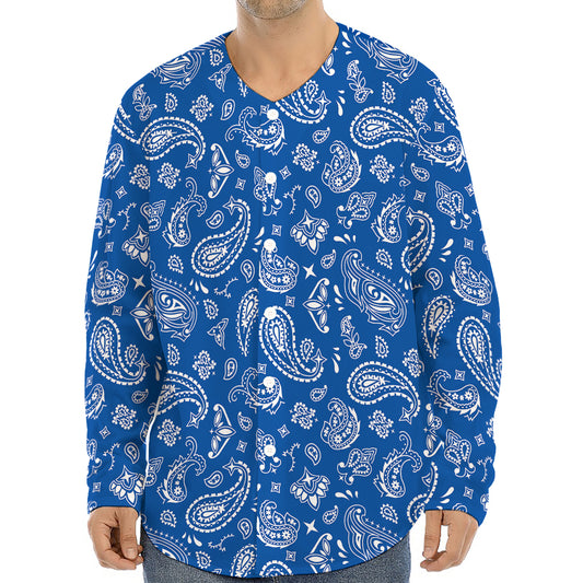 Blue Paisley Bandana Pattern Print Long Sleeve Baseball Jersey