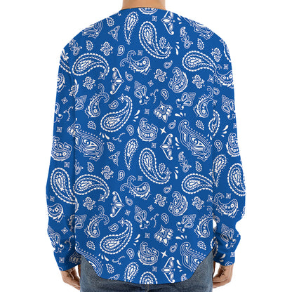 Blue Paisley Bandana Pattern Print Long Sleeve Baseball Jersey