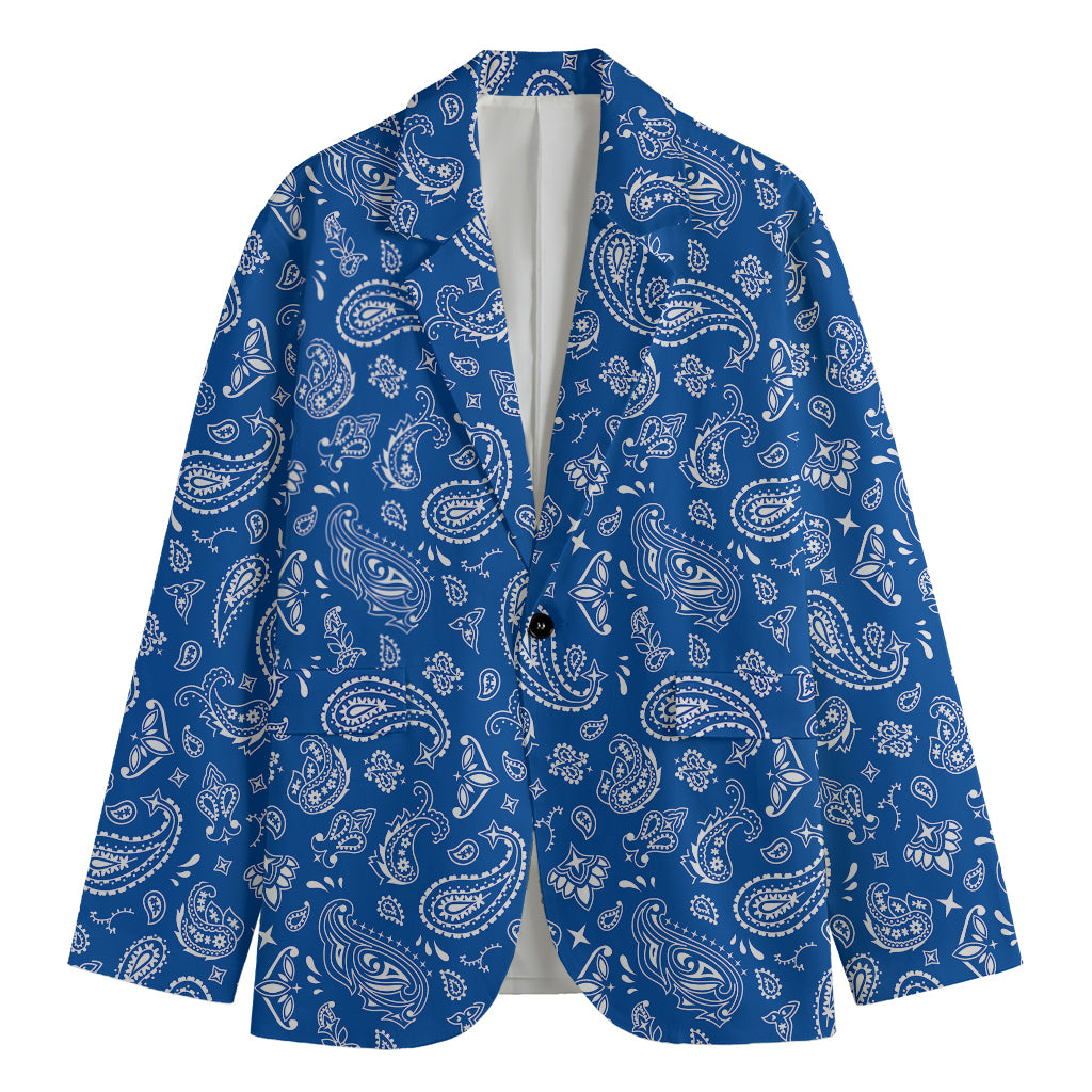 Blue Paisley Bandana Pattern Print Men's Cotton Blazer